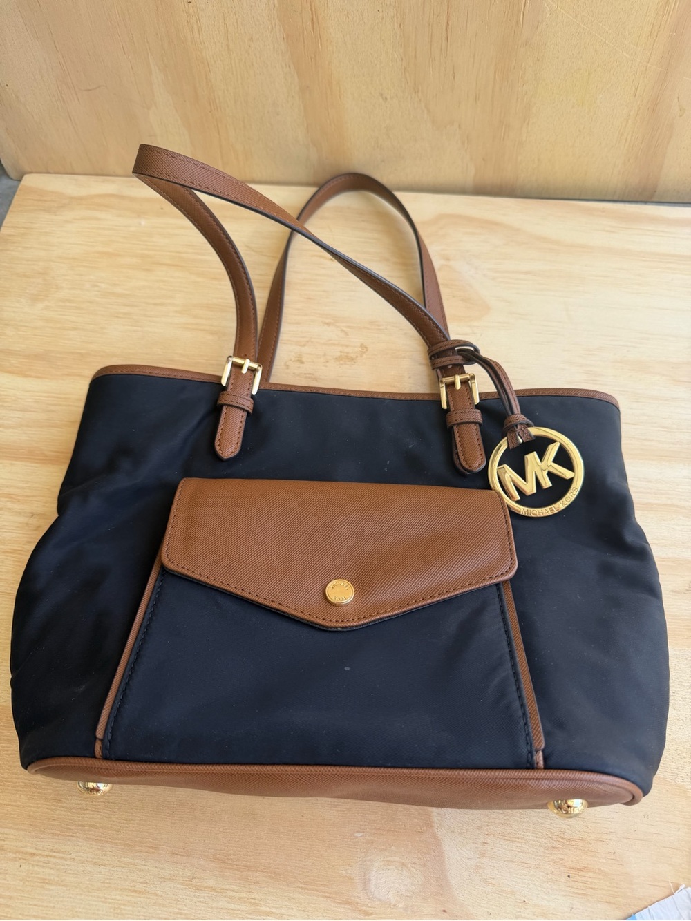 Michael Kors Black and Brown Leather-Trim Tote with MK Charm